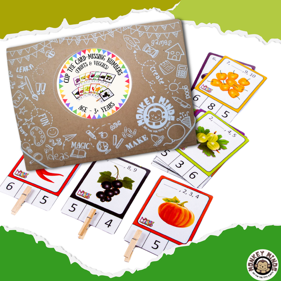 CLIP THE CARD - MISSING NUMBERS (FRUITS & VEGGIES) - Monkey Minds