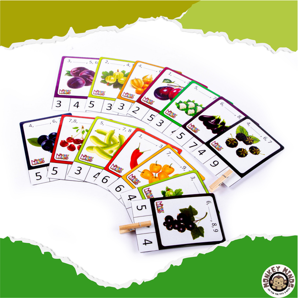CLIP THE CARD - MISSING NUMBERS (FRUITS & VEGGIES) - Monkey Minds